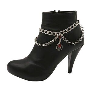 Women Silver Metal Boot Chain Bracelet Shoe Anklet Ethnic Drop Charm Red 2PCS